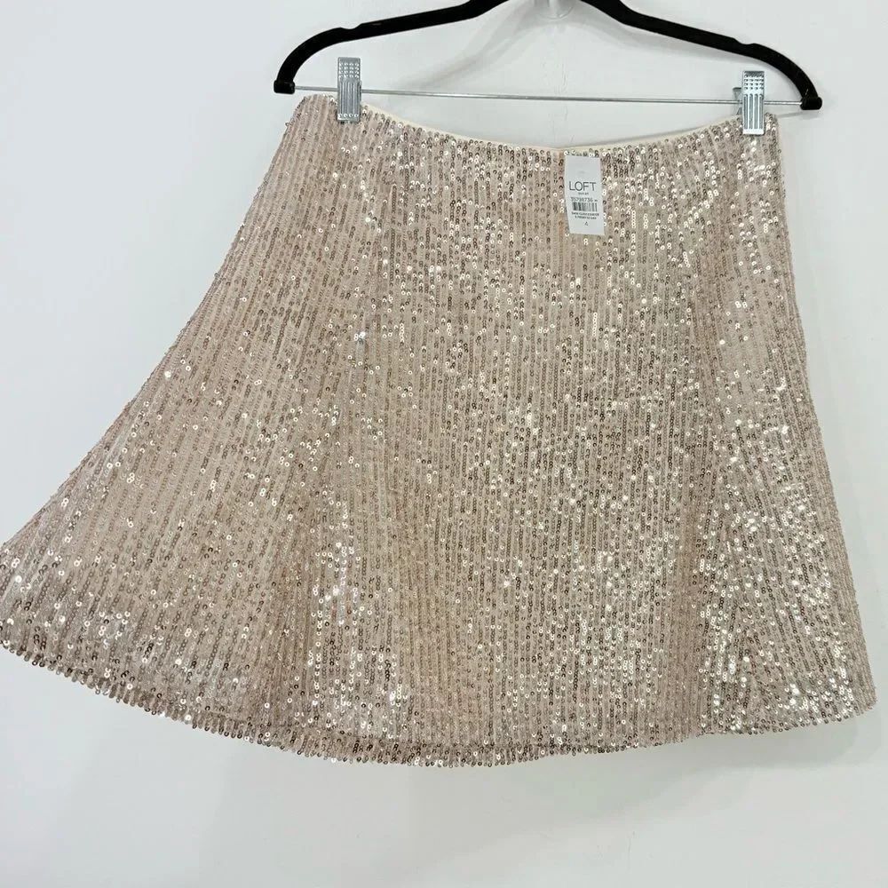 LOFT Silver Champagne Gold Sparkle Sequin A Line Holiday Party Mini Skirt NEW